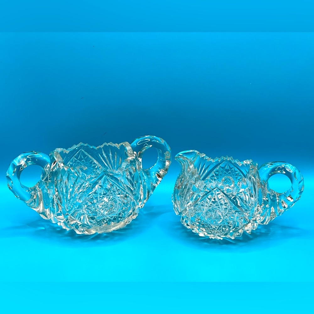 VTG American Brilliant Style Cut Glass Set Creamer & Sugar Bowl Saw Tooth Edges